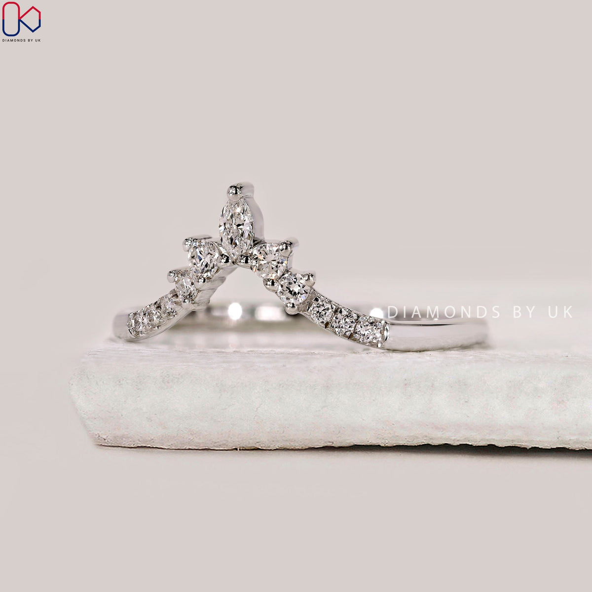 Marquise And Round Cut V Shaped Wedding Band