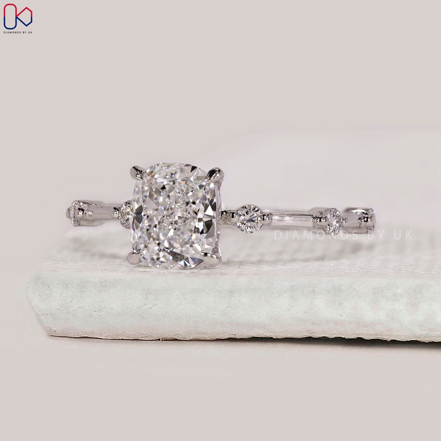 Distance Pave Cushion Cut Diamond Ring