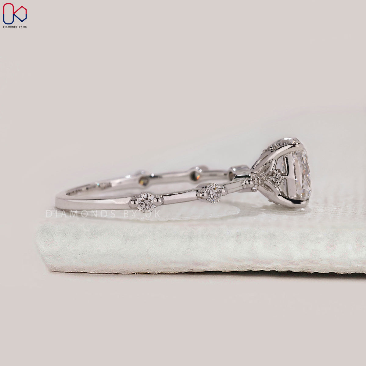 Distance Pave Cushion Cut Diamond Ring