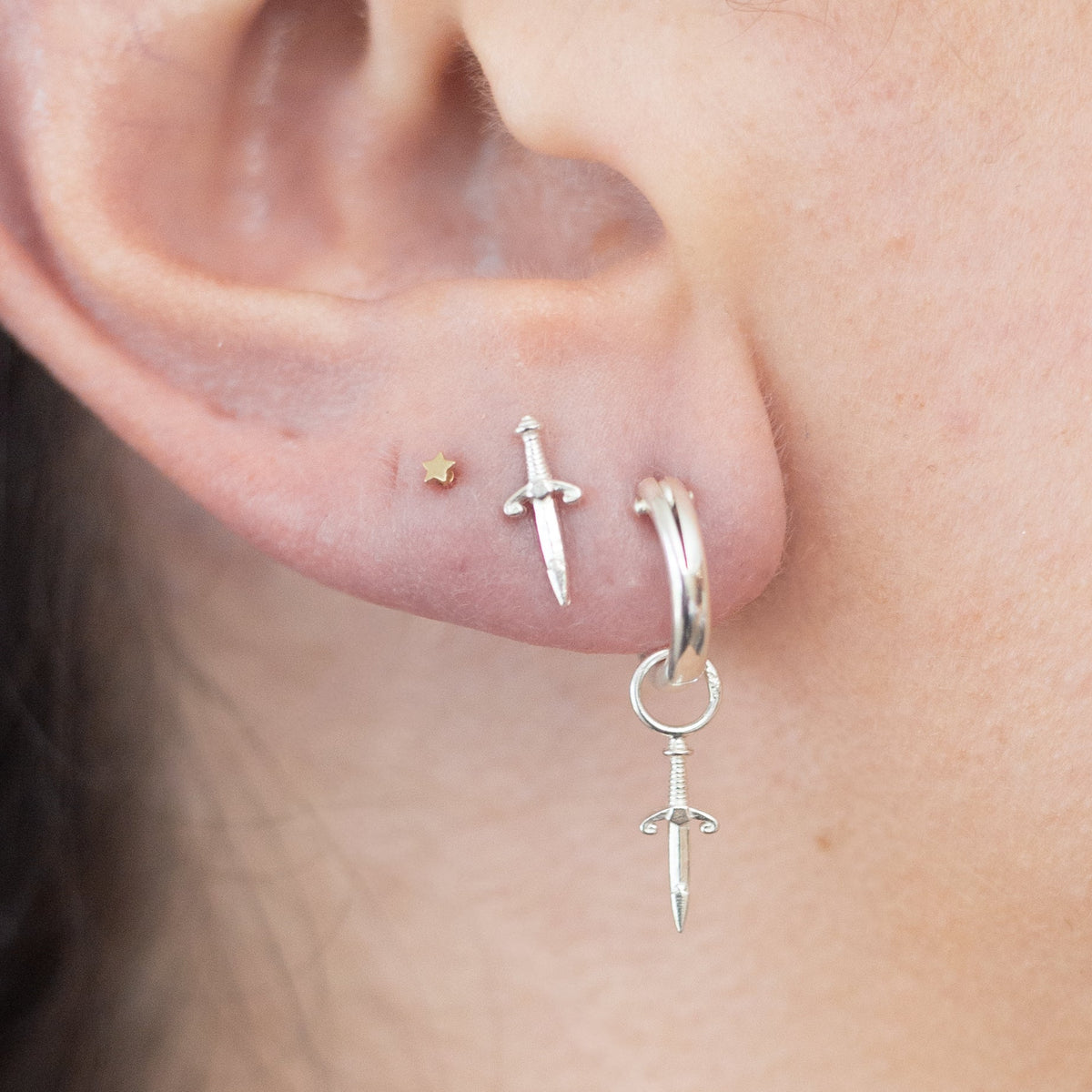 Mini Dagger Charm Hoop Earrings in sterling Silver / ready to ship