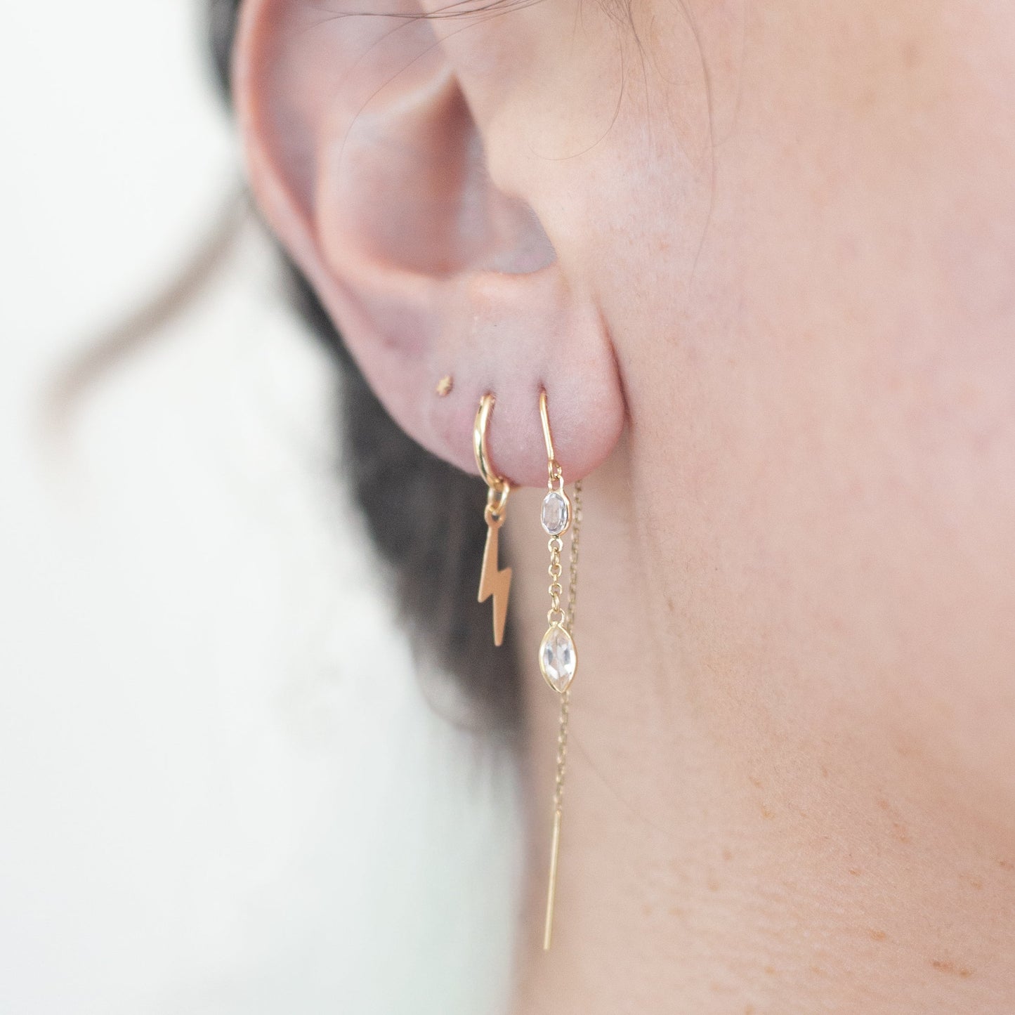 Double White Topaz  Drop Threader Earring in 14 karat Yellow Gold / SINGLE EARRING / READY TO SHIP