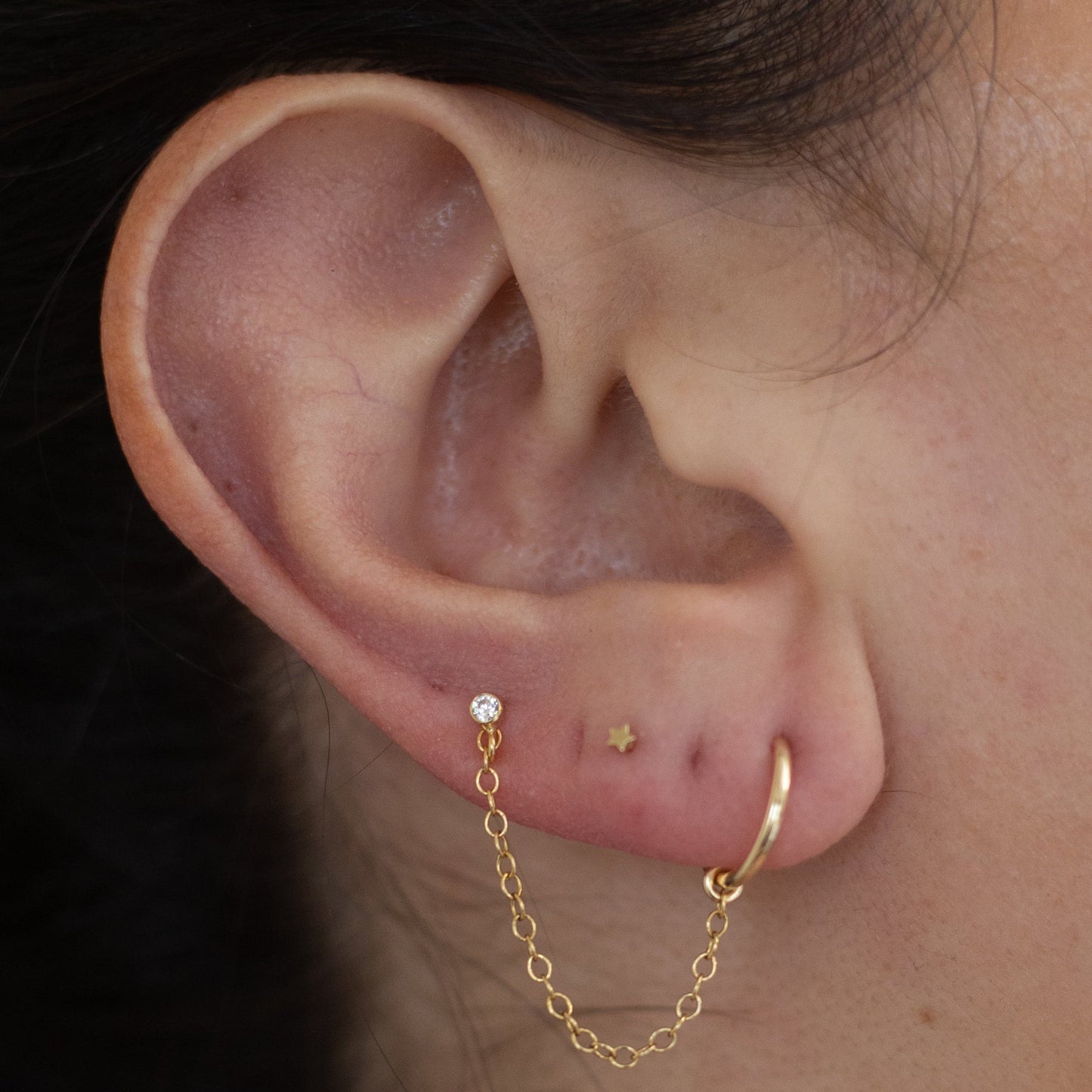 Cubic Zirconia Gemstone Stud and Chain With Hoop Earring in Gold Fill / SINGLE EARRING / READY TO SHIP