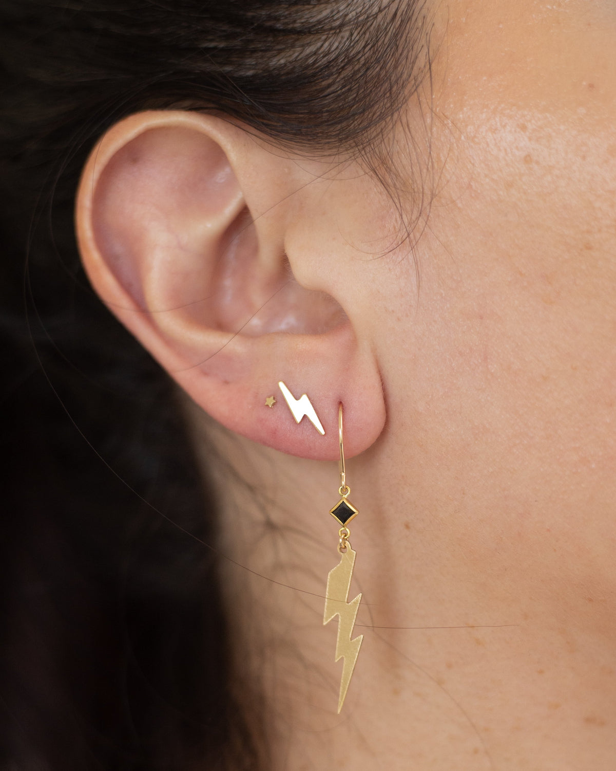 Lightning Bolt and Black Diamond Dangle Earrings in 14 karat Gold Fill / ready to ship