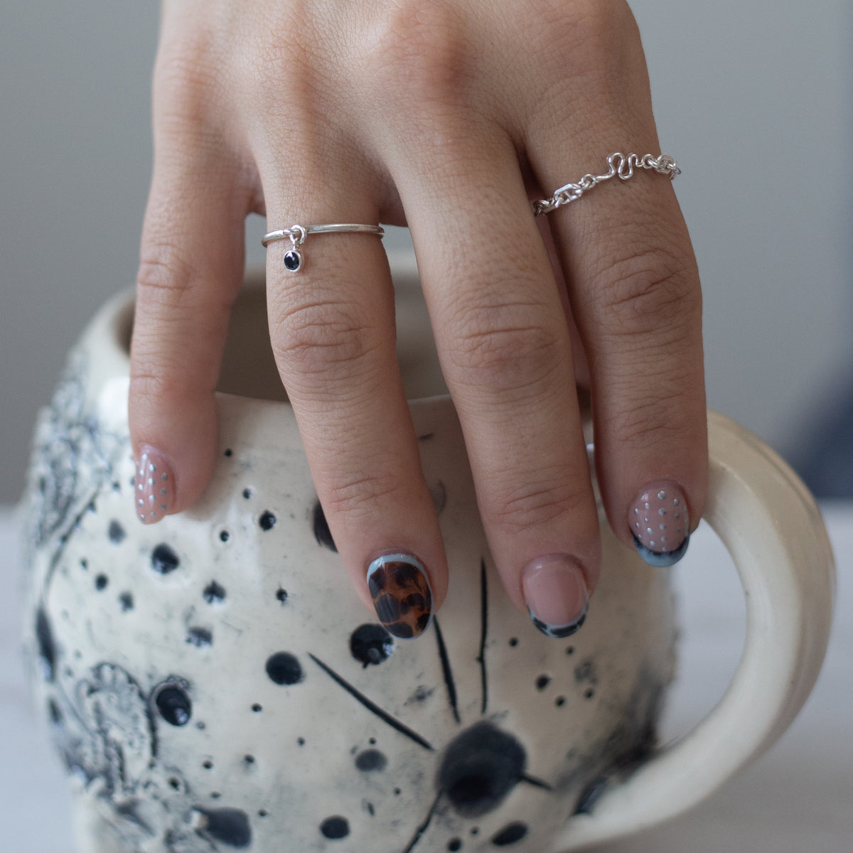 Cubic Zirconia Charm Stacking Ring - Clear Or Black Charm - in Sterling Silver