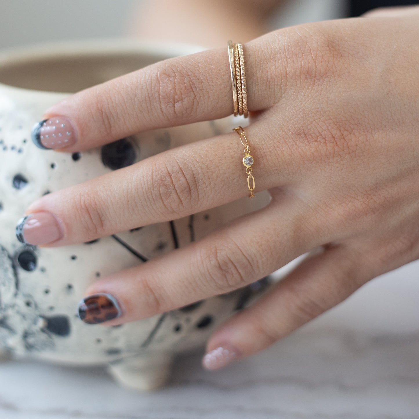 Gold Fill Dainty Paperclip Chain Ring with CZ Gemstone