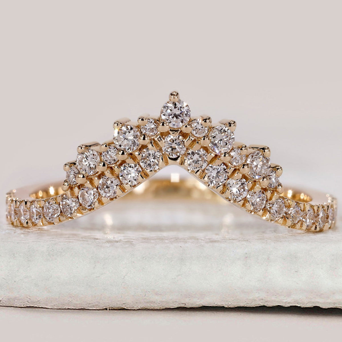 Round Cut Yellow Gold Wedding Band Chevron Style