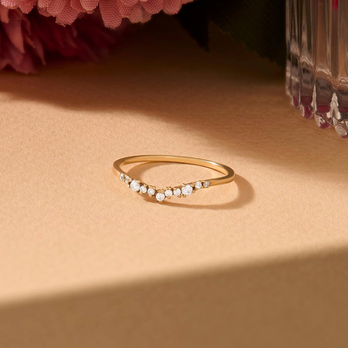 14k Solid Gold Nesting Enhancer Band – Curved Diamond Contour Ring, Minimalist Shaped Stacking Bridal Jewelry for Women