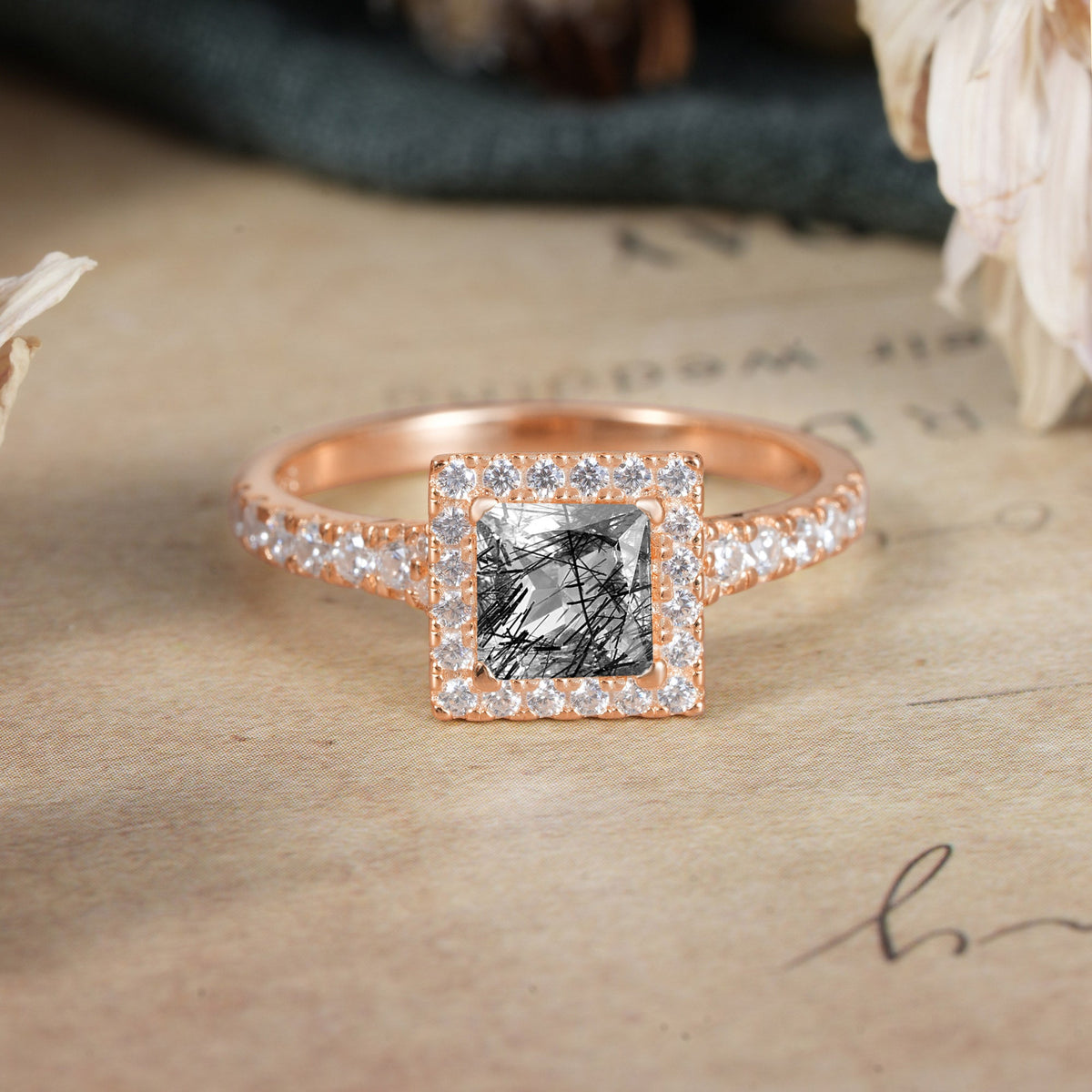 Princess Cut Black Rutilated Quartz Engagement Ring Half Eternity Halo Promise Ring