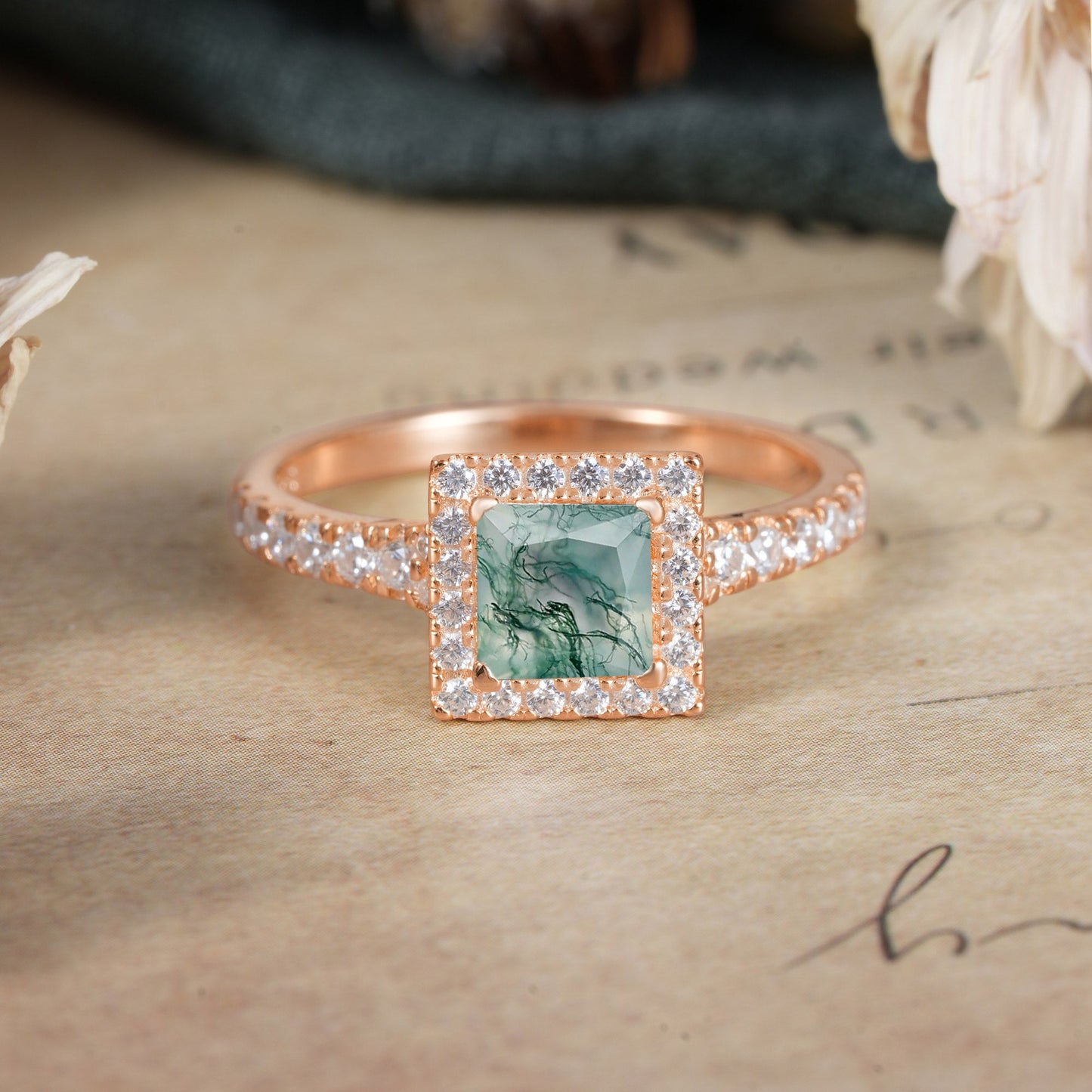 Princess Cut Moss Agate Engagement Ring Half Eternity Halo Promise Ring