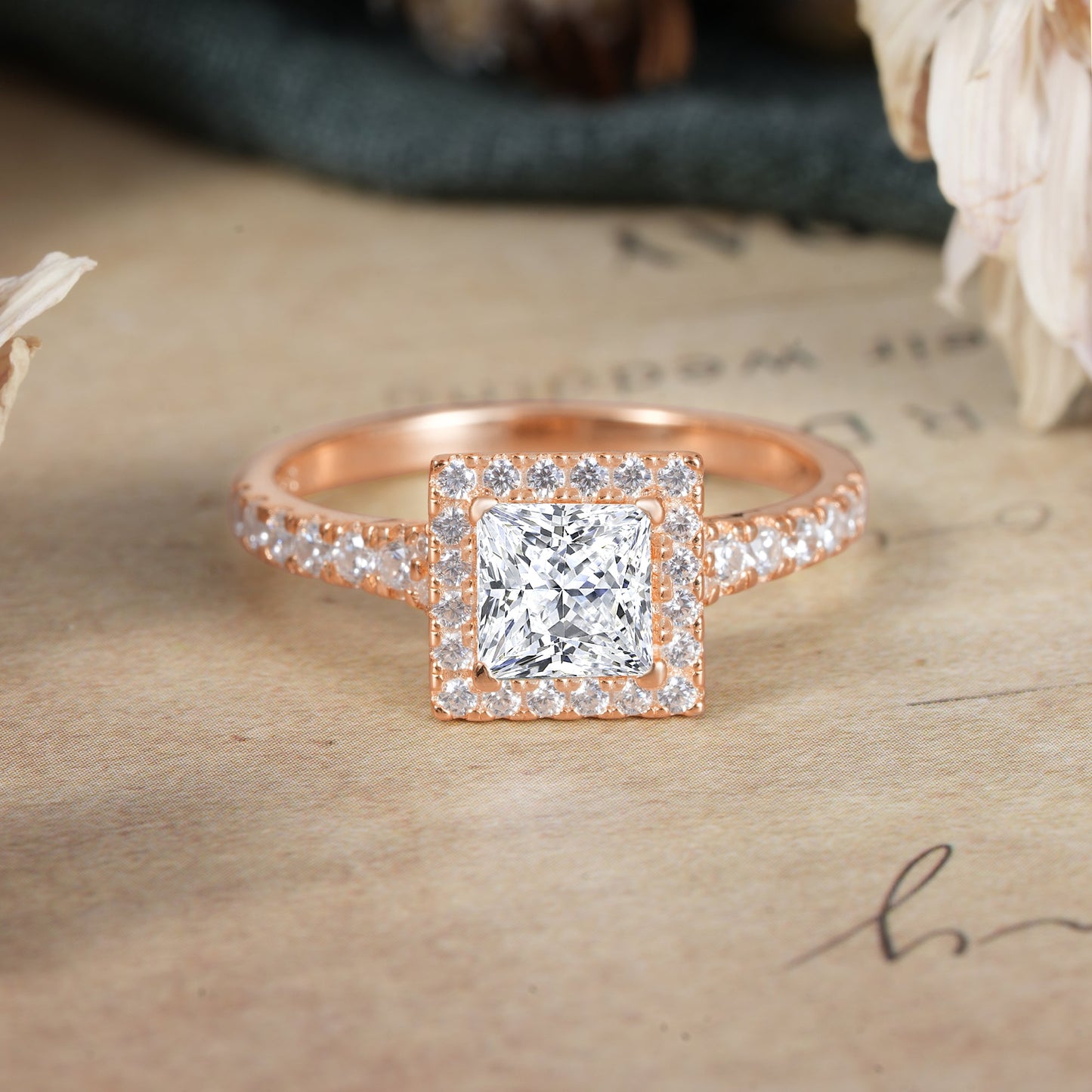 Princess Cut  Lab Diamond Engagement Ring Half Eternity Halo Promise Ring