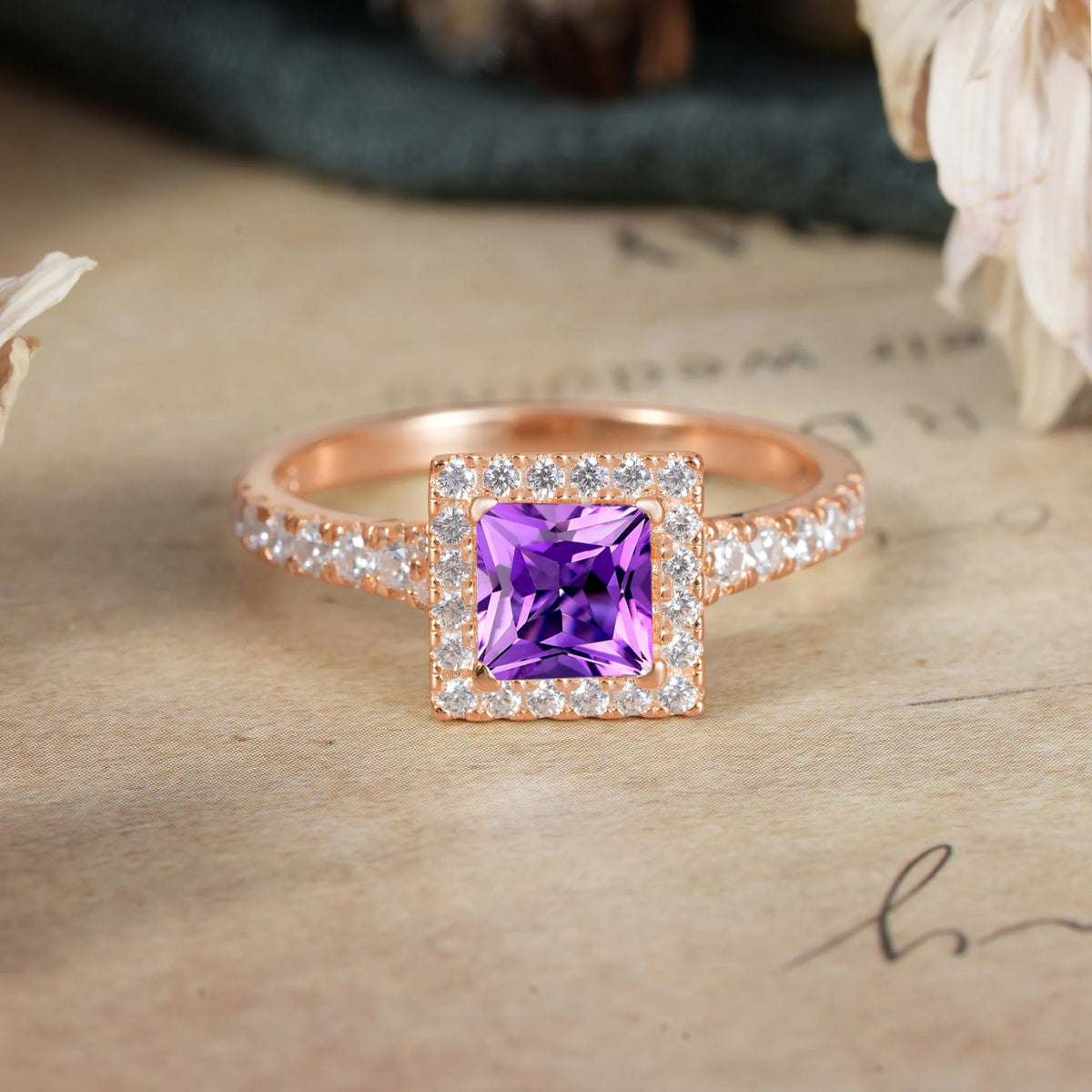 Princess Cut Amethyst Engagement Ring Half Eternity Halo Promise Ring