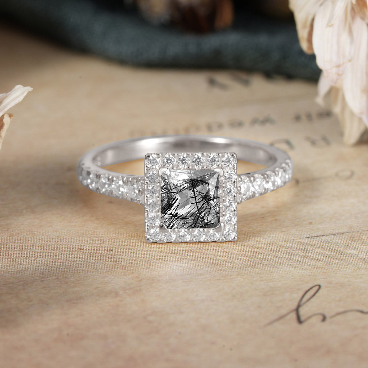 Princess Cut Black Rutilated Quartz Engagement Ring Half Eternity Halo Promise Ring