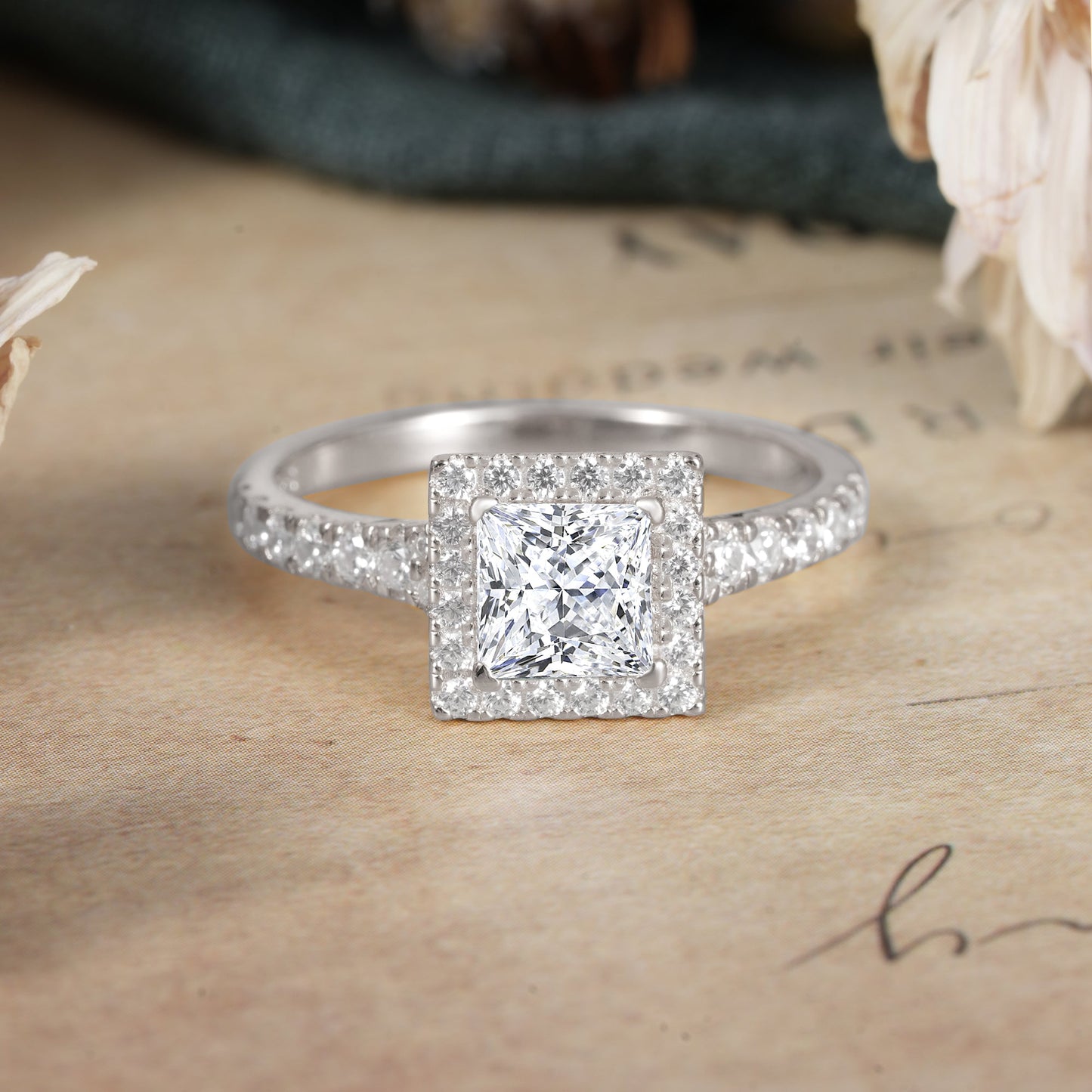 Princess Cut  Lab Diamond Engagement Ring Half Eternity Halo Promise Ring