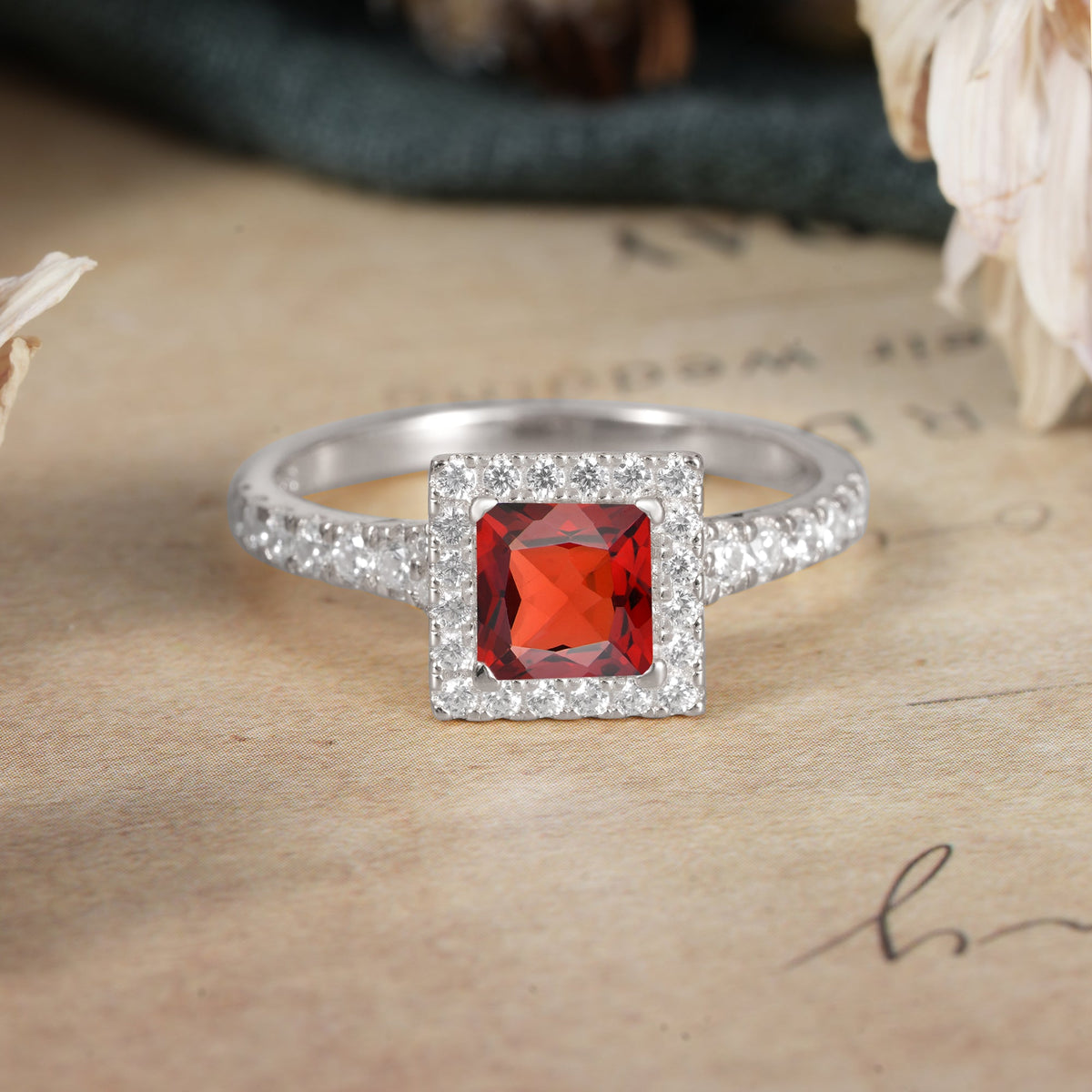 Princess Cut Garnet Engagement Ring Half Eternity Halo Promise Ring