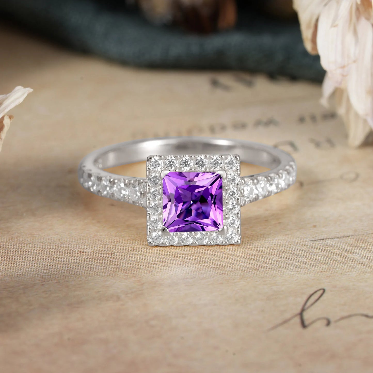 Princess Cut Amethyst Engagement Ring Half Eternity Halo Promise Ring