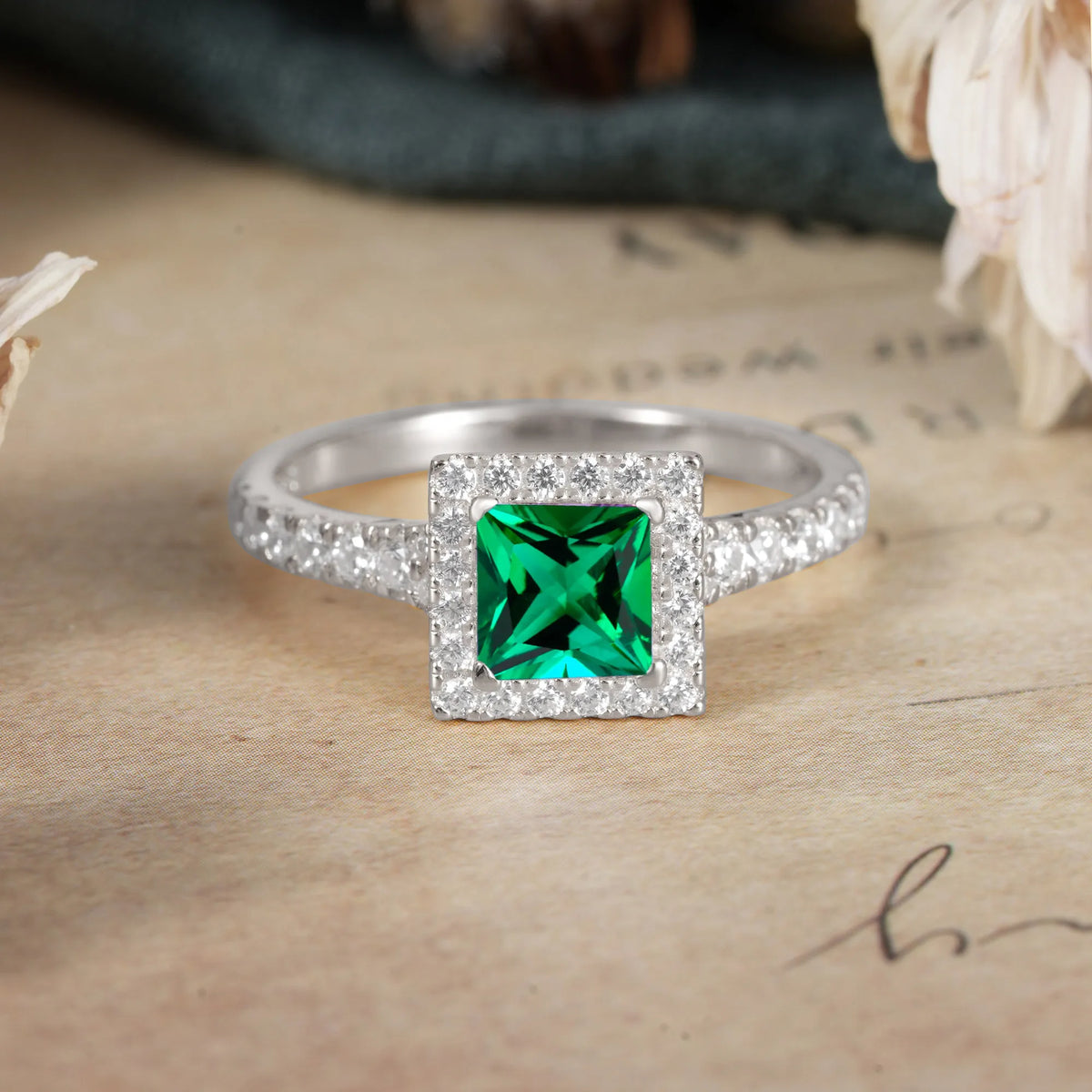 Princess Cut Emerald Engagement Ring Half Eternity Halo Promise Ring