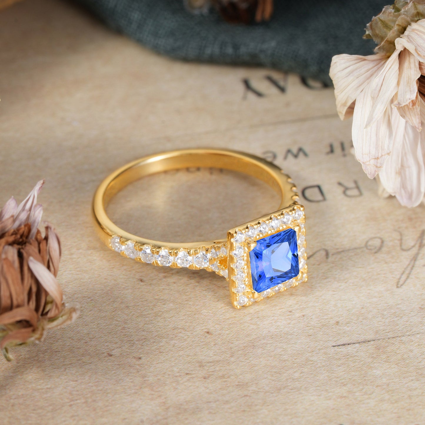 Princess Cut Sapphire Engagement Ring Half Eternity Halo Promise Ring