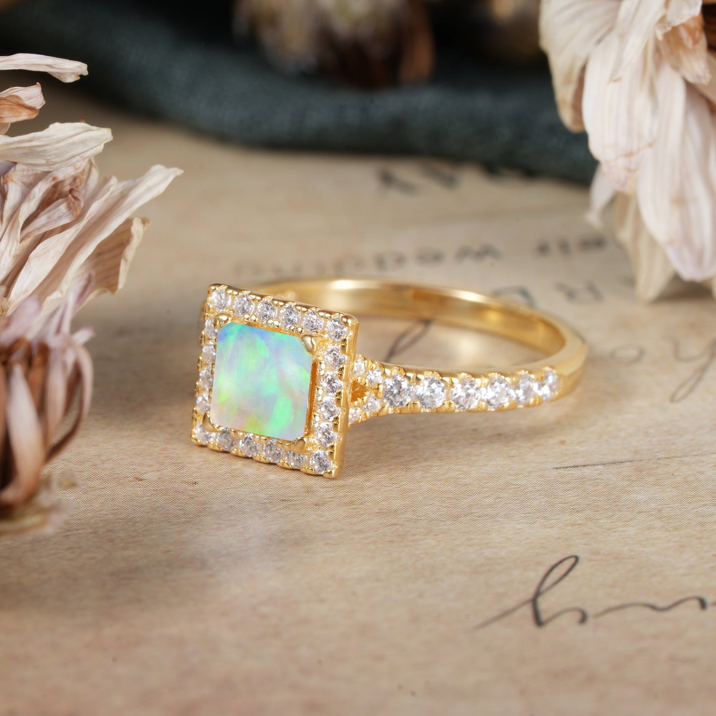 Princess Cut Opal Engagement Ring Half Eternity Halo Promise Ring