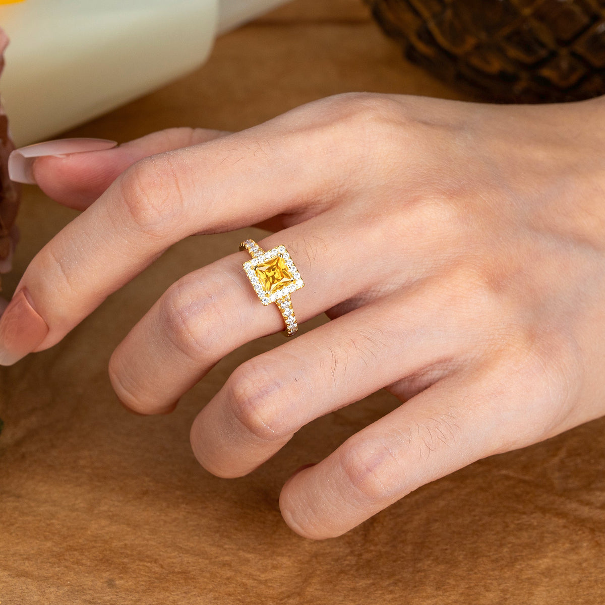Princess Cut Citrine Engagement Ring Half Eternity Halo Promise Ring