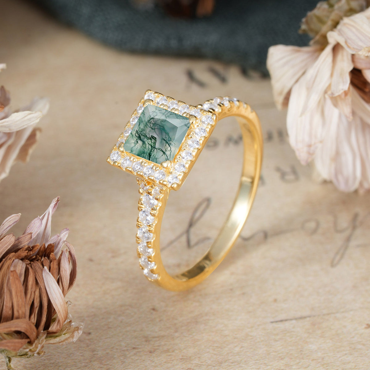 Princess Cut Moss Agate Engagement Ring Half Eternity Halo Promise Ring