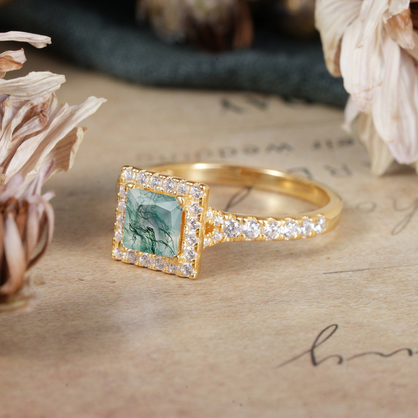 Princess Cut Moss Agate Engagement Ring Half Eternity Halo Promise Ring