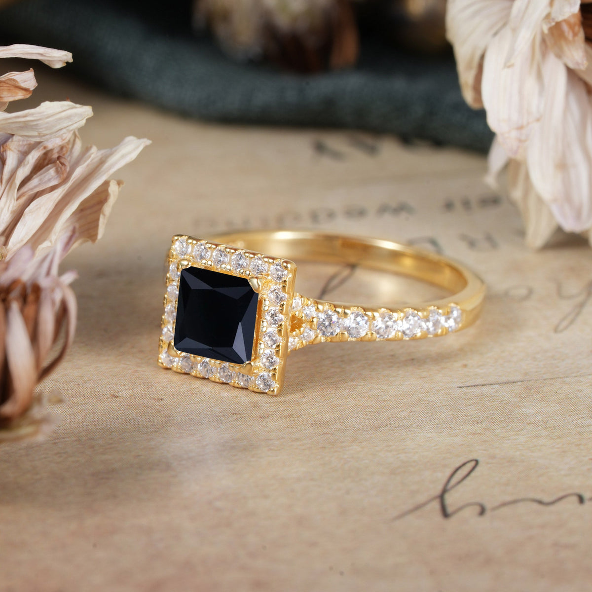 Princess Cut Black Onyx Engagement Ring Half Eternity Halo Promise Ring