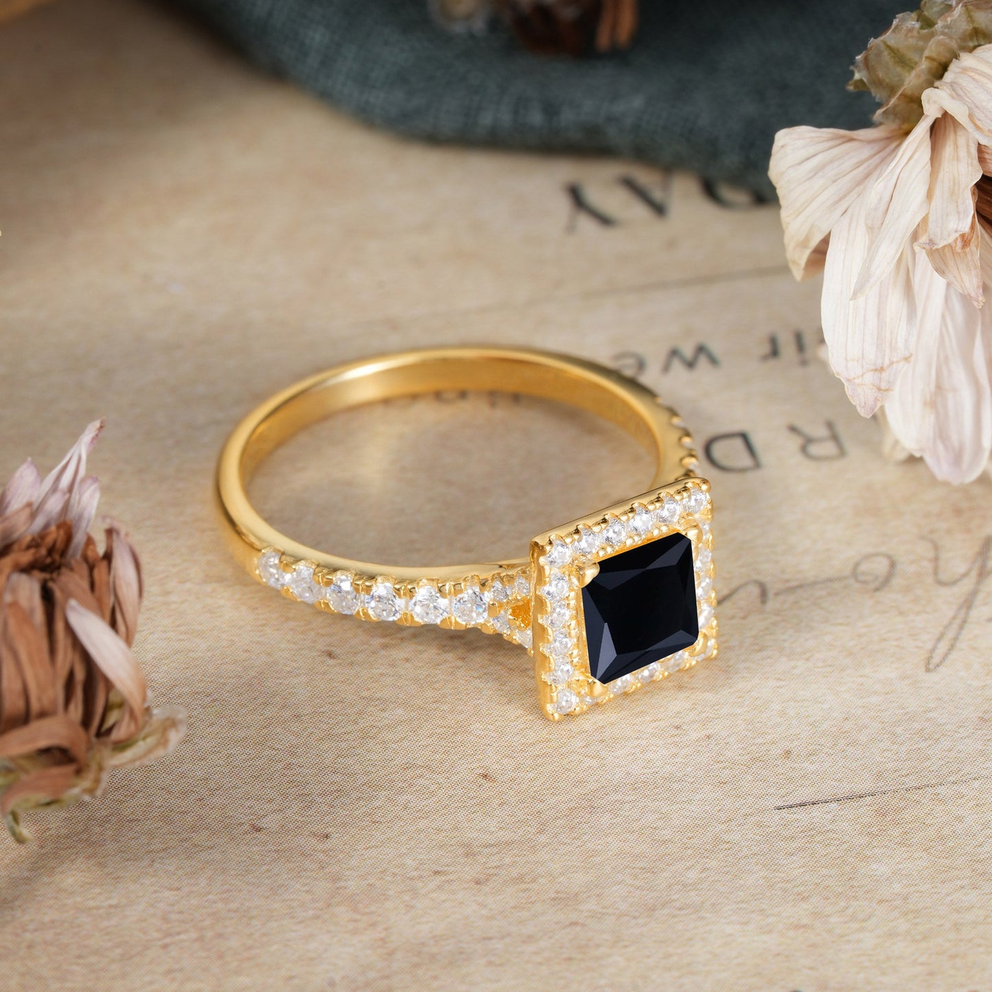 Princess Cut Black Onyx Engagement Ring Half Eternity Halo Promise Ring