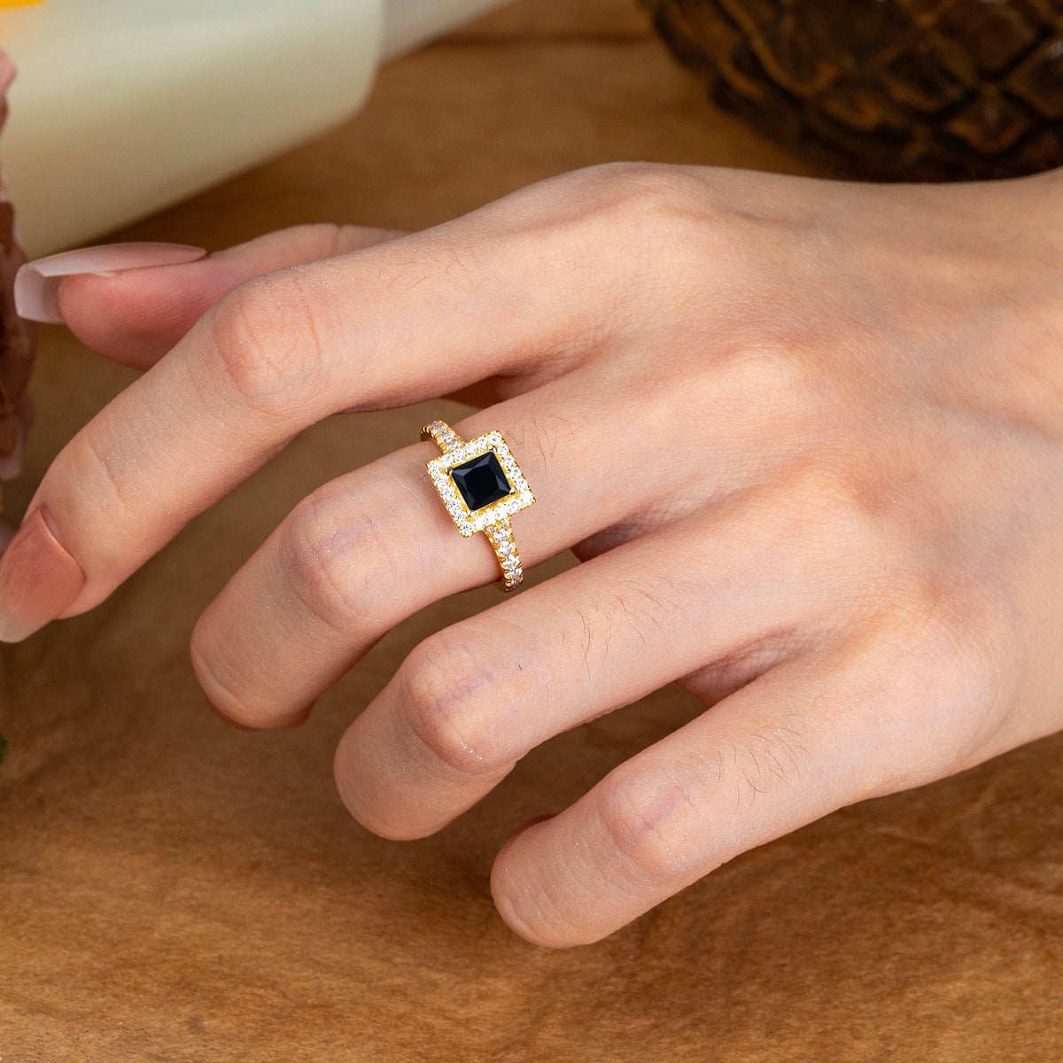 Princess Cut Black Onyx Engagement Ring Half Eternity Halo Promise Ring