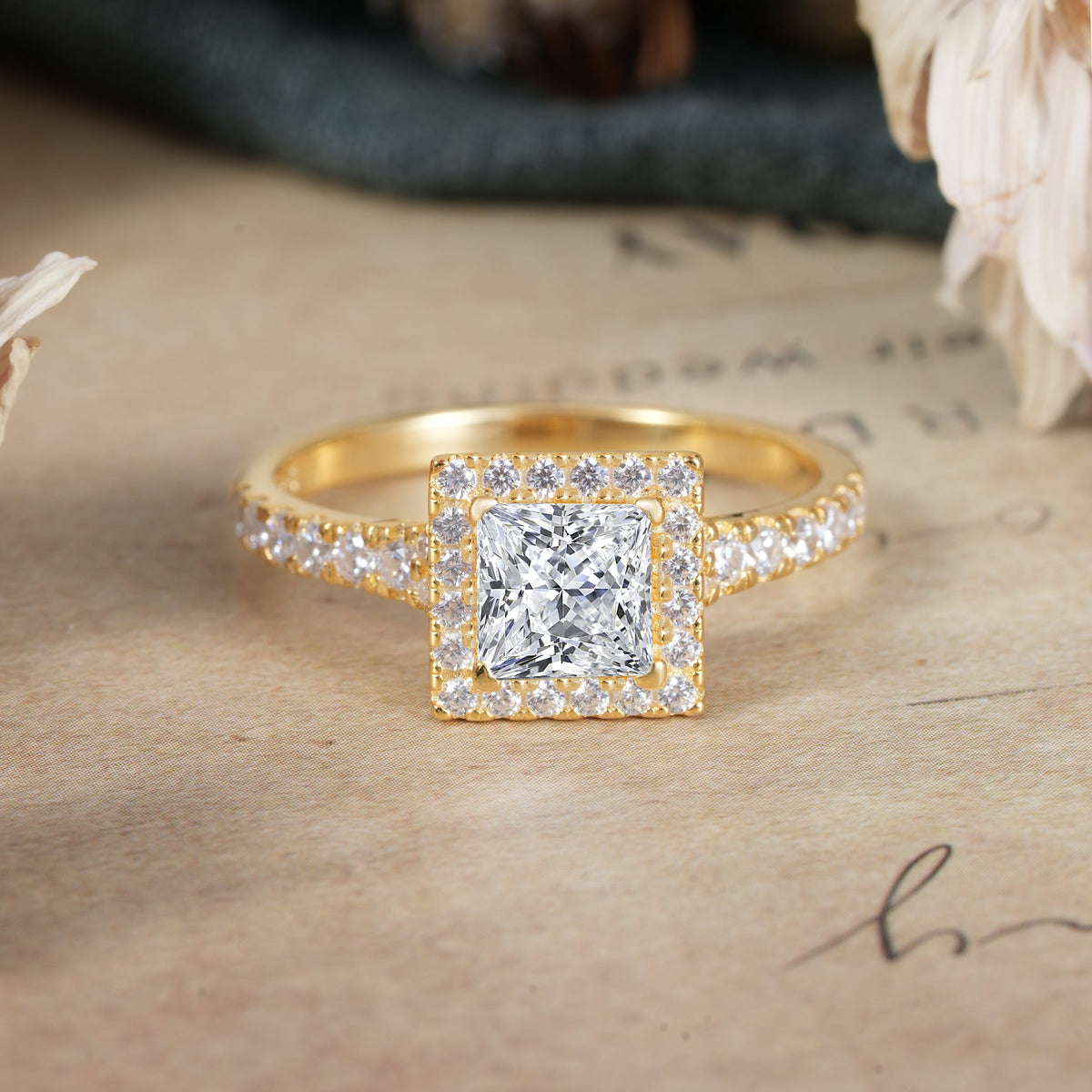 Princess Cut  Lab Diamond Engagement Ring Half Eternity Halo Promise Ring