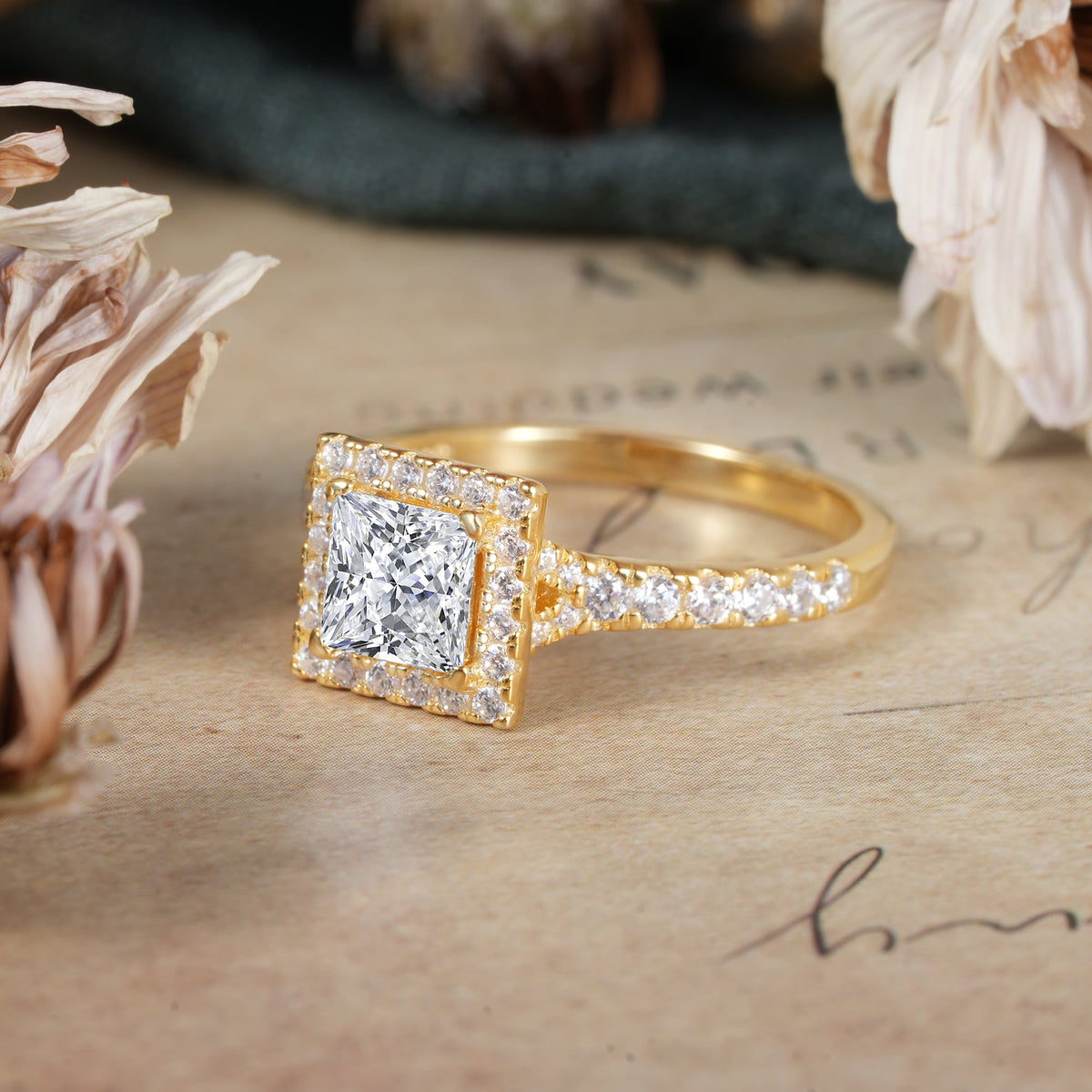 Princess Cut  Lab Diamond Engagement Ring Half Eternity Halo Promise Ring