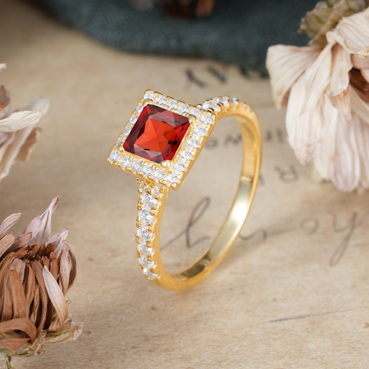 Princess Cut Garnet Engagement Ring Half Eternity Halo Promise Ring