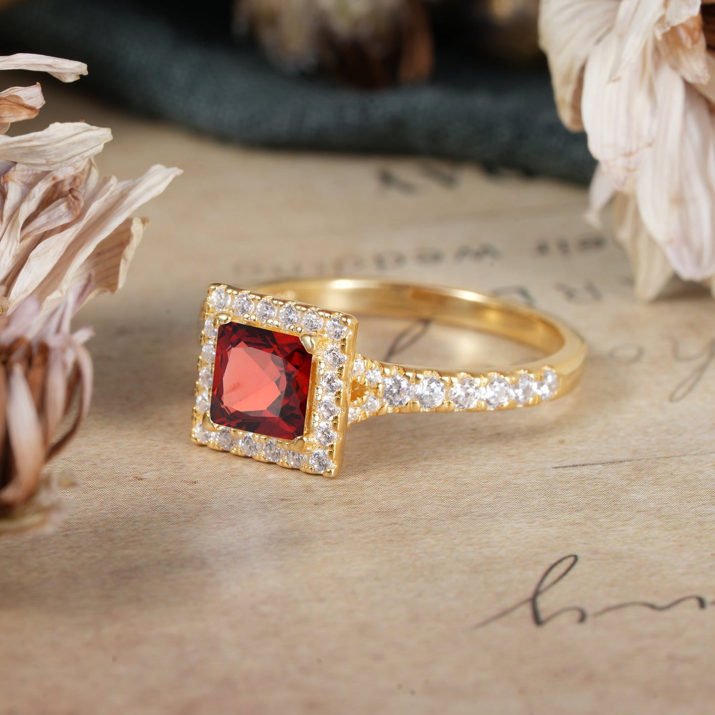 Princess Cut Garnet Engagement Ring Half Eternity Halo Promise Ring