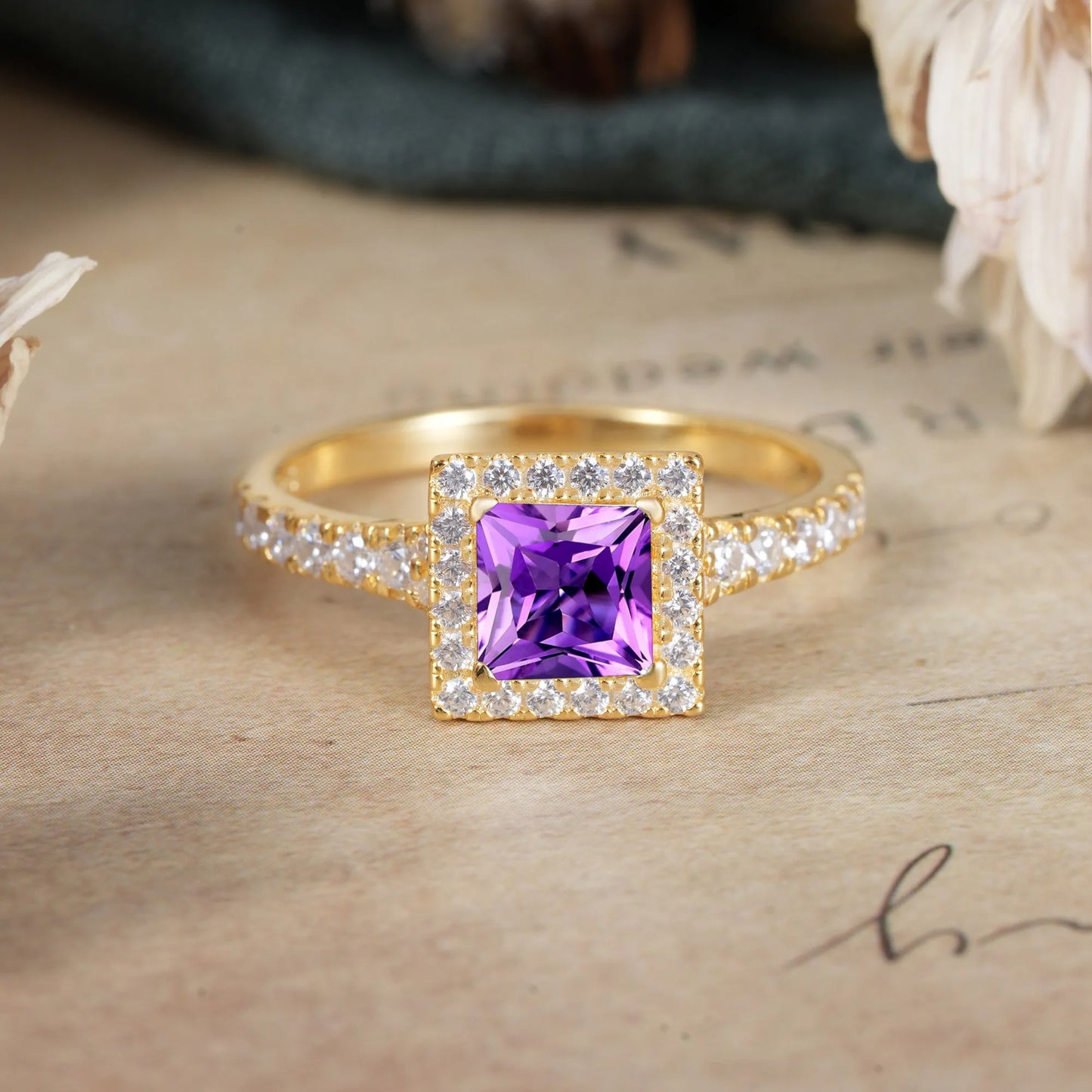 Princess Cut Amethyst Engagement Ring Half Eternity Halo Promise Ring