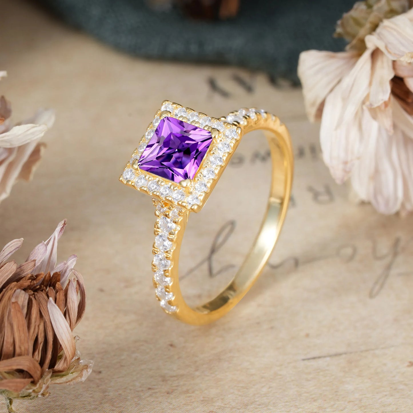 Princess Cut Amethyst Engagement Ring Half Eternity Halo Promise Ring