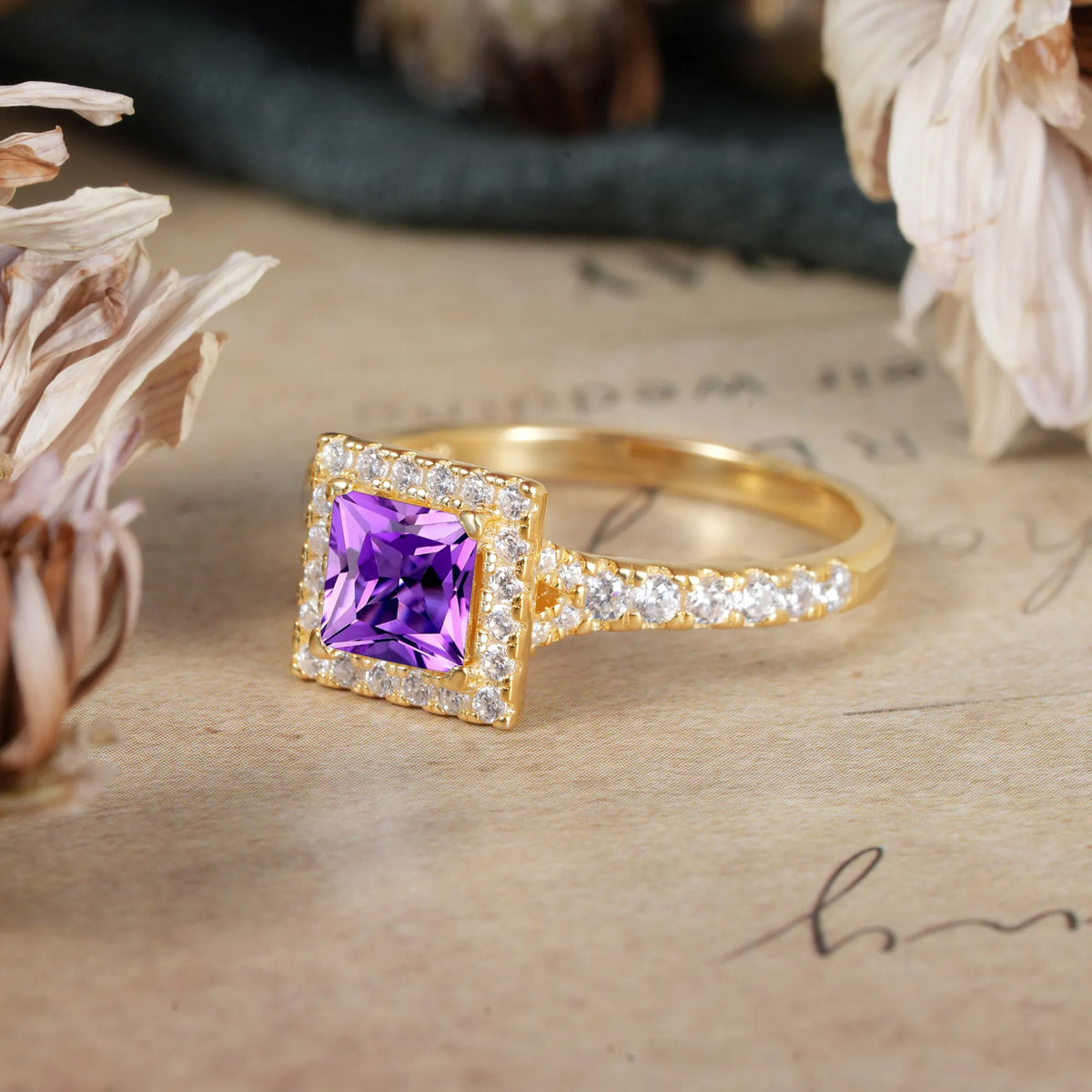 Princess Cut Amethyst Engagement Ring Half Eternity Halo Promise Ring