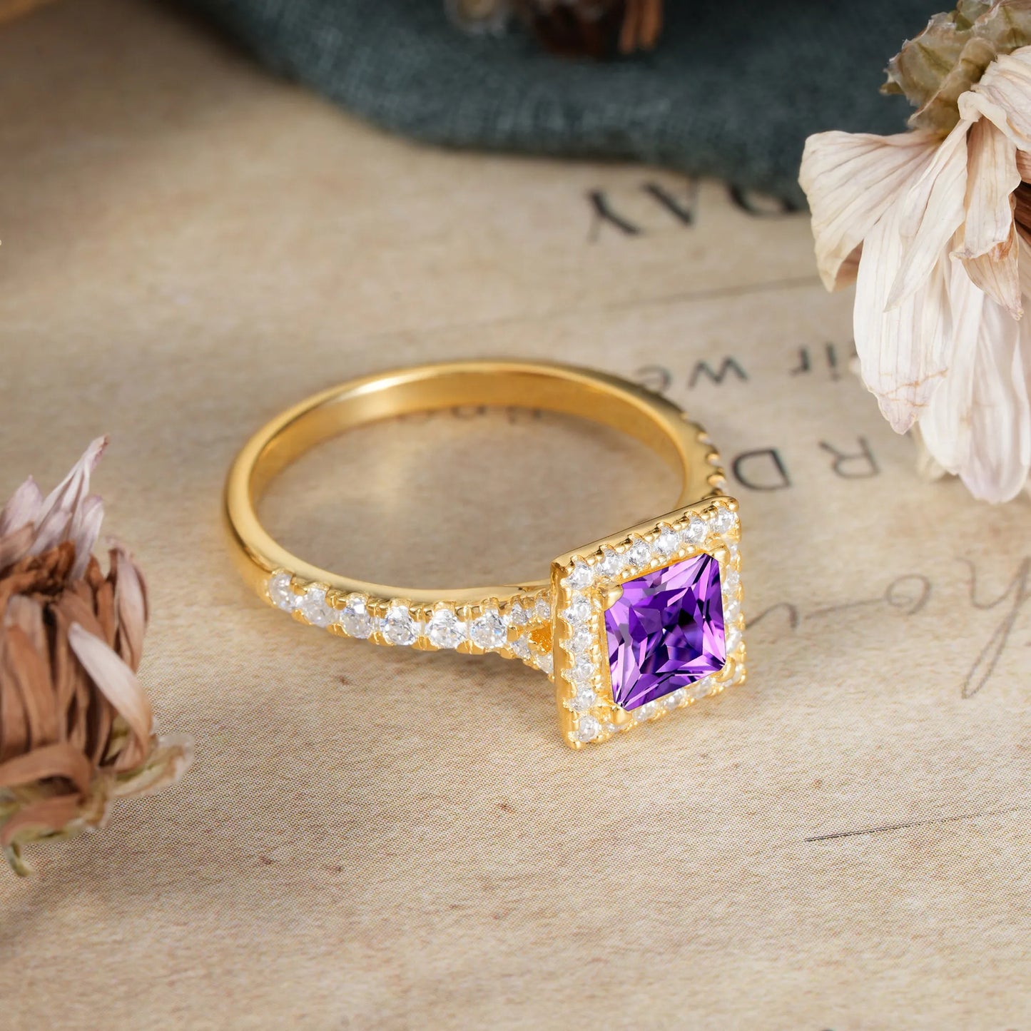 Princess Cut Amethyst Engagement Ring Half Eternity Halo Promise Ring