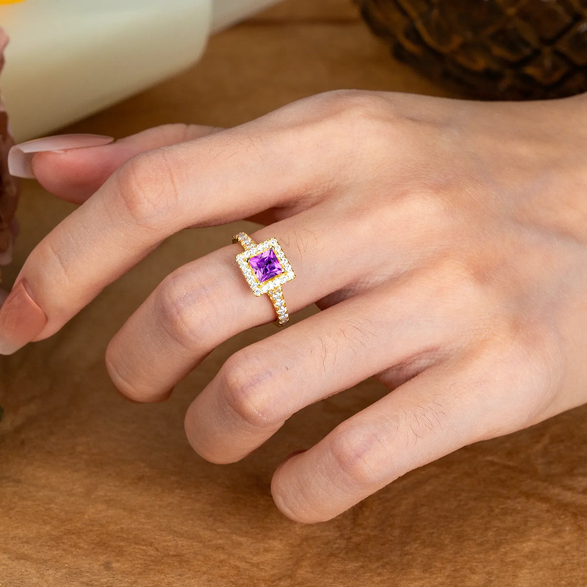 Princess Cut Amethyst Engagement Ring Half Eternity Halo Promise Ring