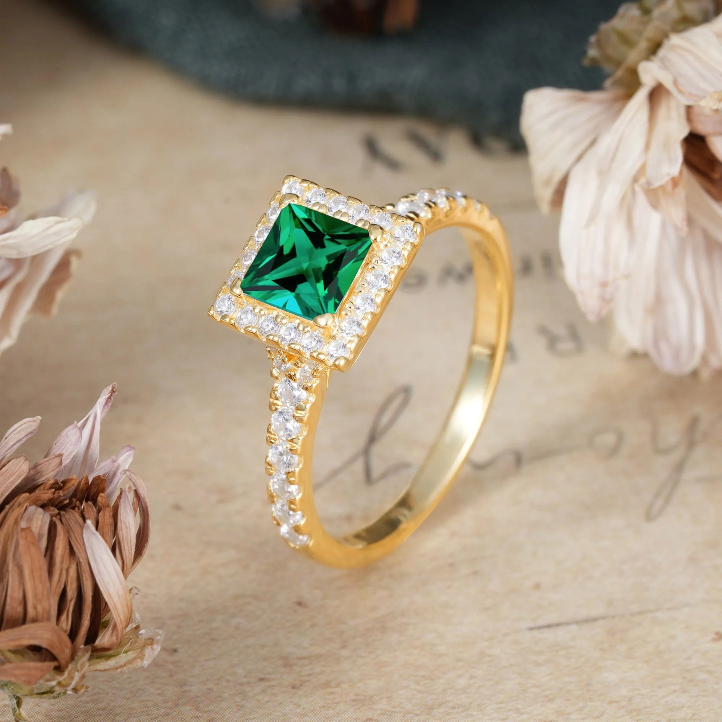 Princess Cut Emerald Engagement Ring Half Eternity Halo Promise Ring