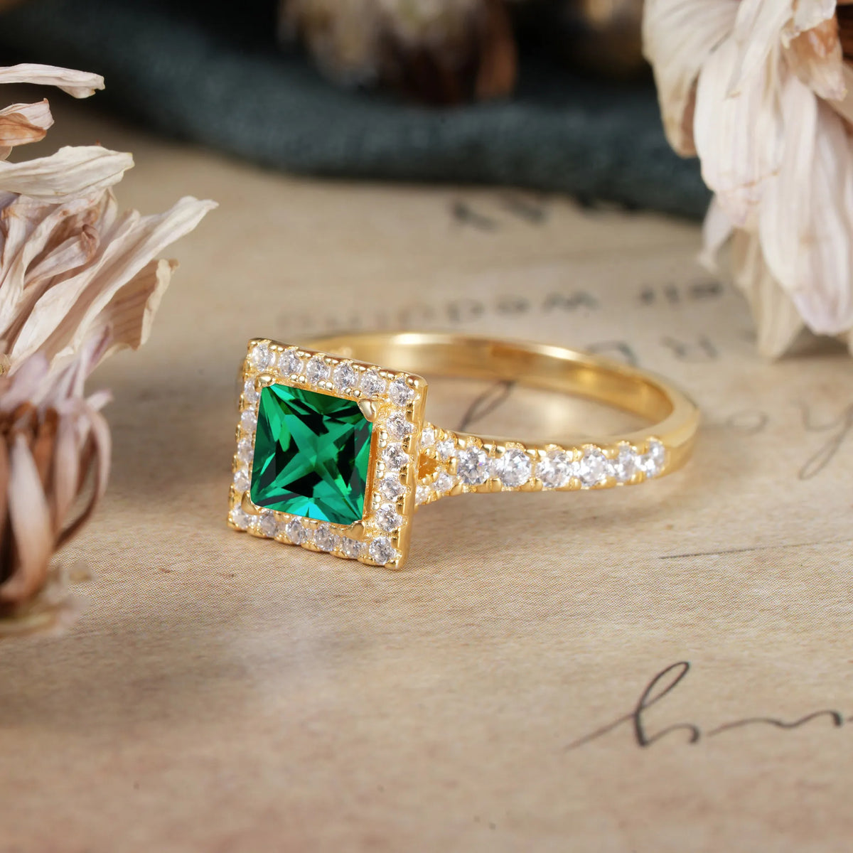 Princess Cut Emerald Engagement Ring Half Eternity Halo Promise Ring