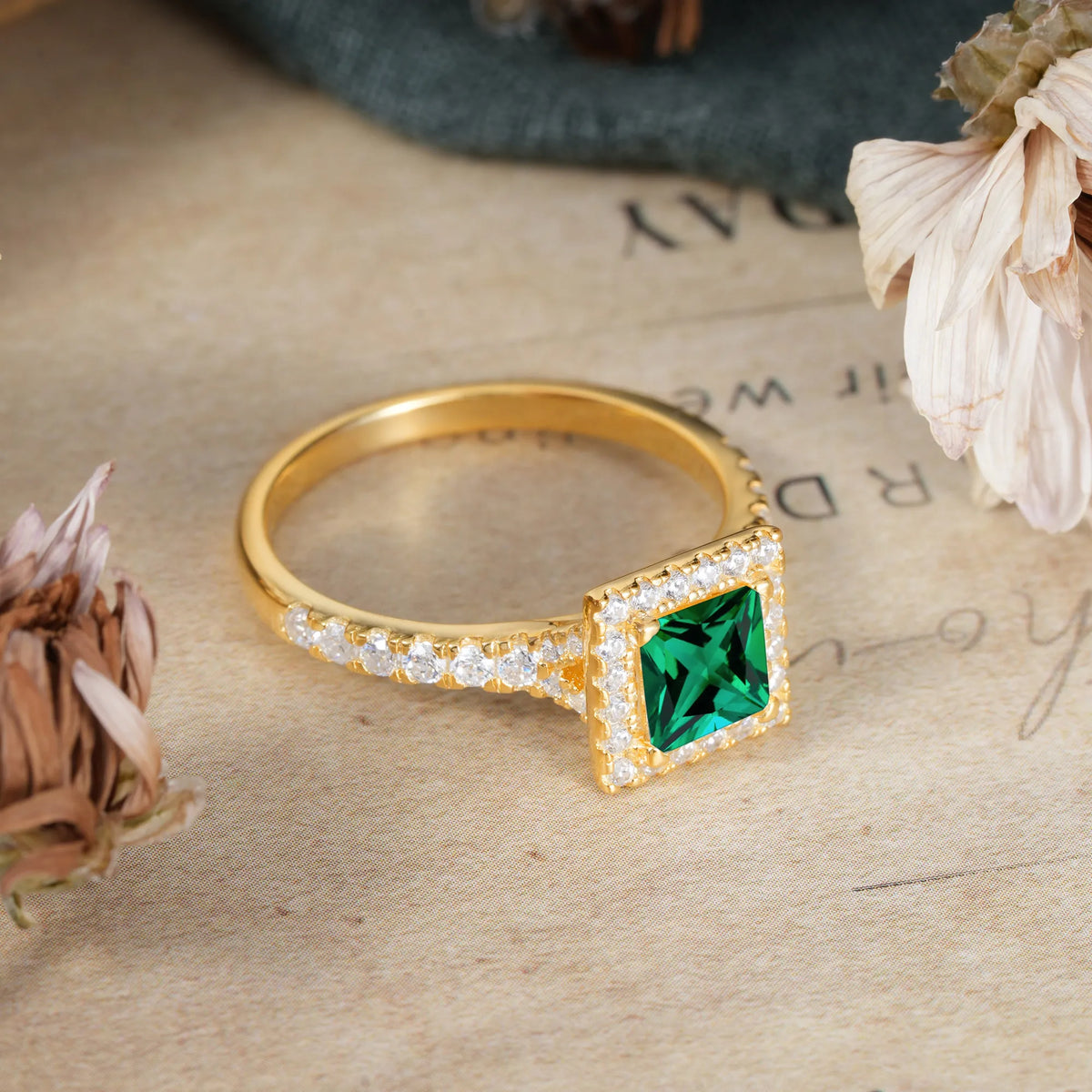 Princess Cut Emerald Engagement Ring Half Eternity Halo Promise Ring