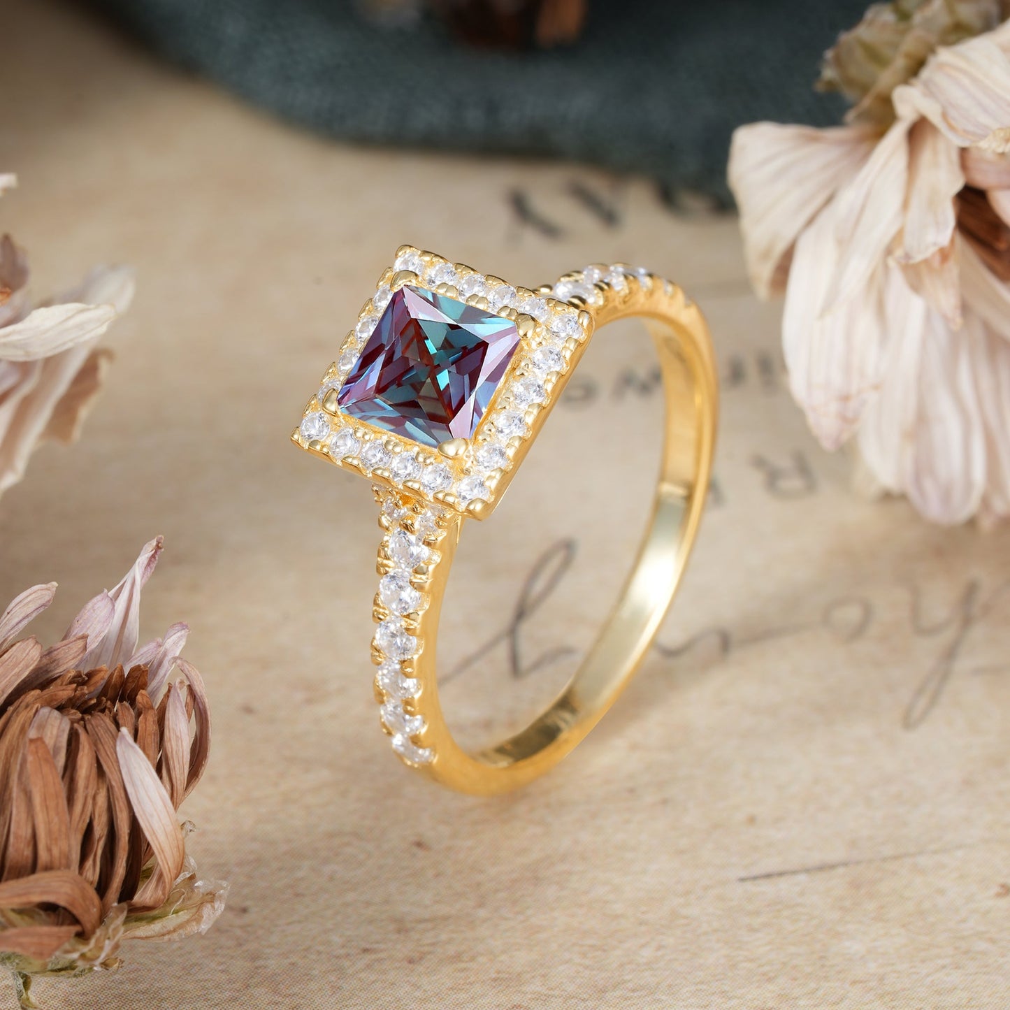 Princess Cut Alexandrite Engagement Ring Half Eternity Halo Promise Ring