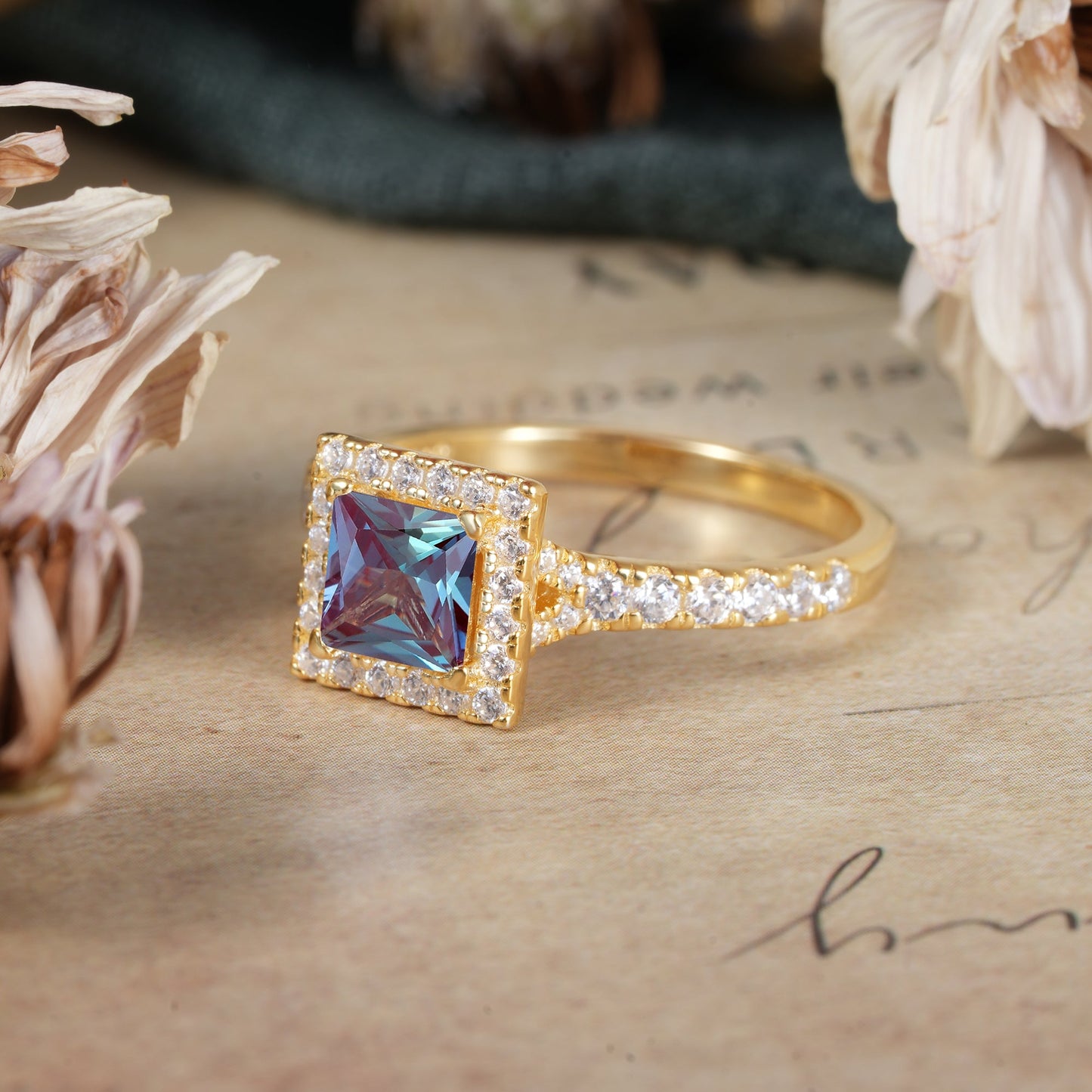 Princess Cut Alexandrite Engagement Ring Half Eternity Halo Promise Ring