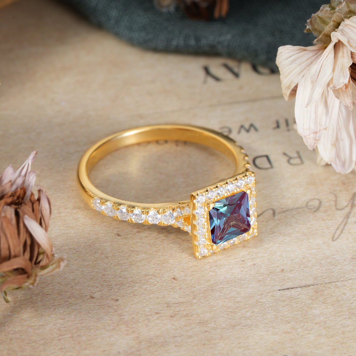 Princess Cut Alexandrite Engagement Ring Half Eternity Halo Promise Ring
