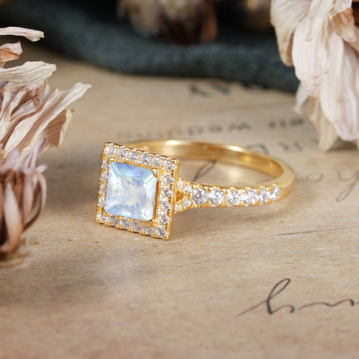 Princess Cut Natural Moonstone Engagement Ring Half Eternity Halo Promise Ring