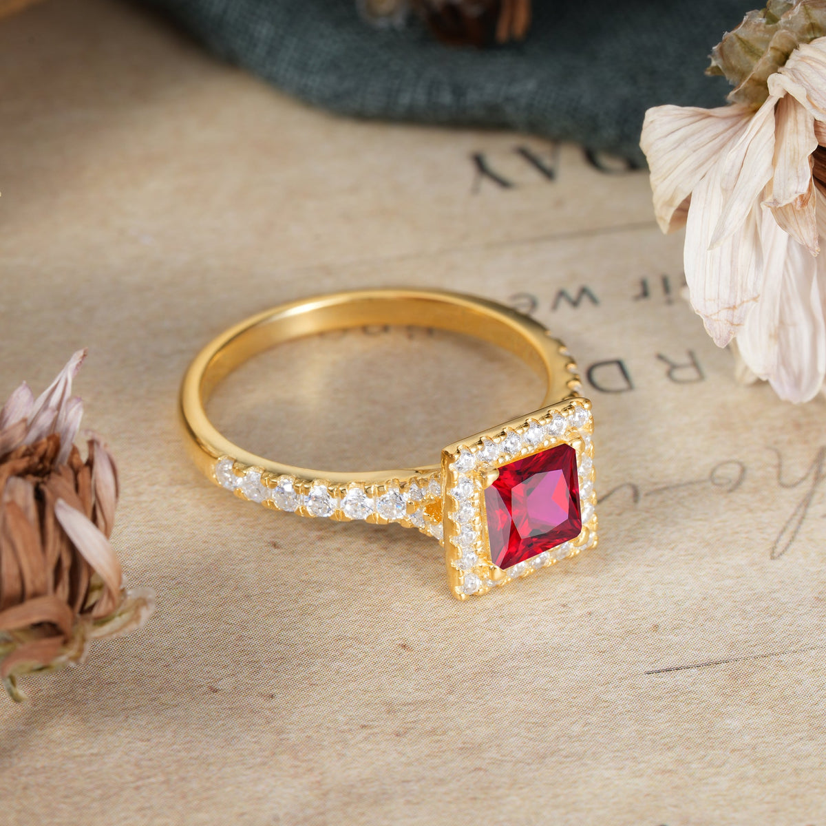 Princess Cut Ruby Engagement Ring Half Eternity Halo Promise Ring