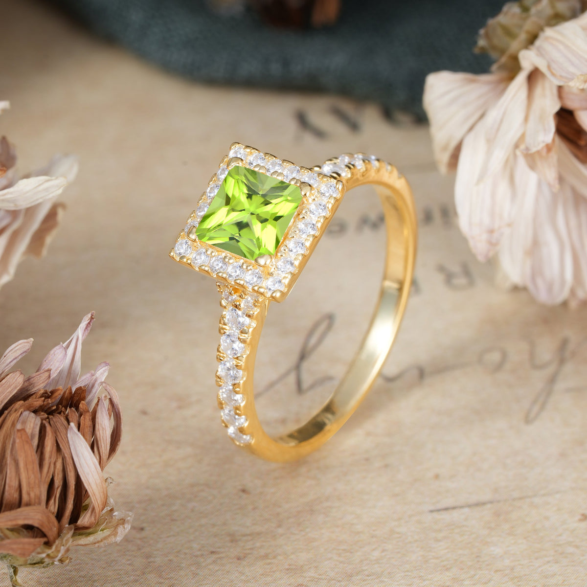 Princess Cut Peridot Engagement Ring Half Eternity Halo Promise Ring