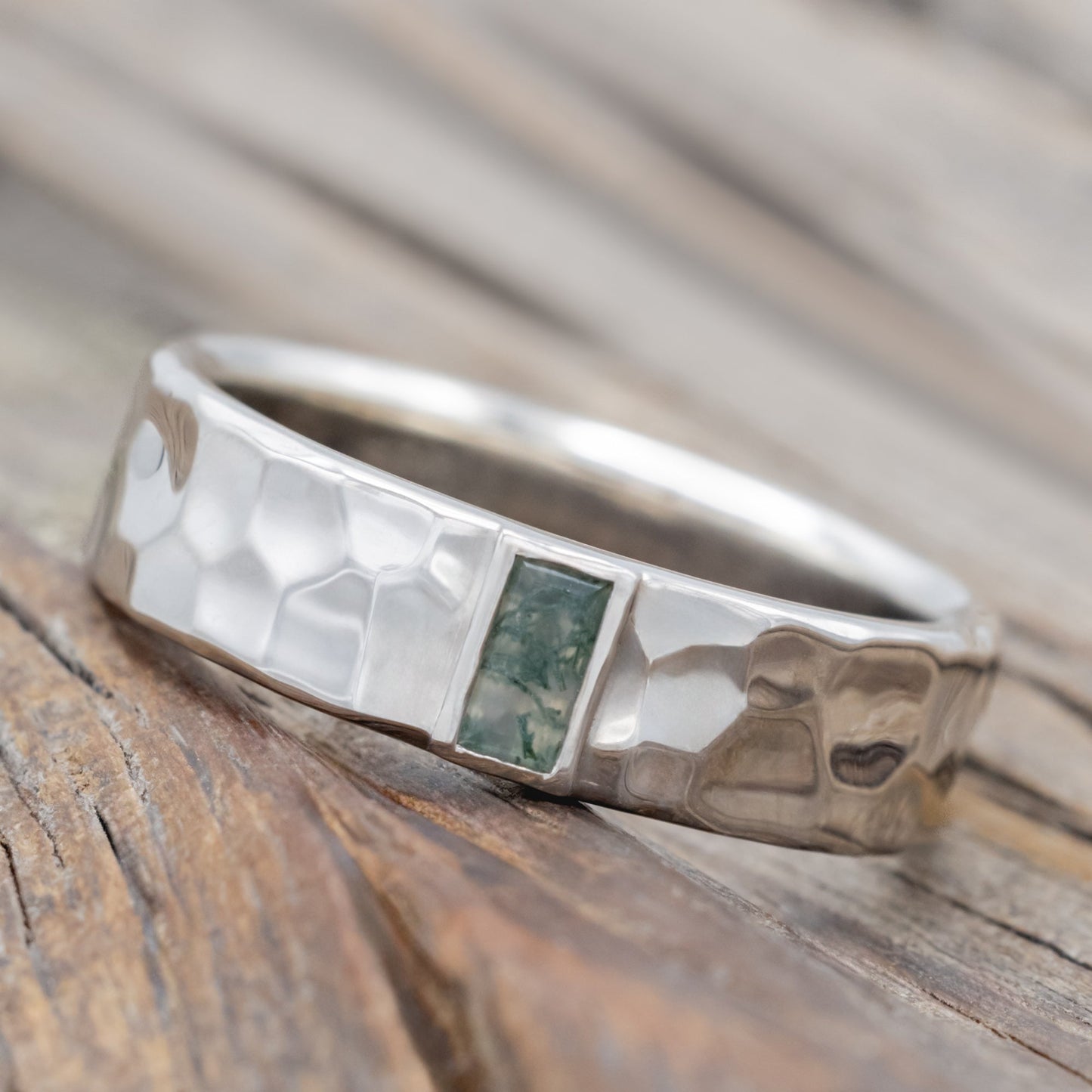 "Augustus" - Baguette Cut Moss Agate Wedding Ring With Stippled Finish