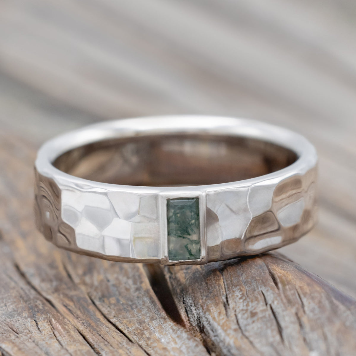 "Augustus" - Baguette Cut Moss Agate Wedding Ring With Stippled Finish