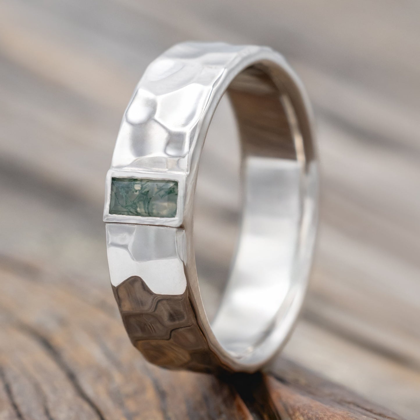 "Augustus" - Baguette Cut Moss Agate Wedding Ring With Stippled Finish