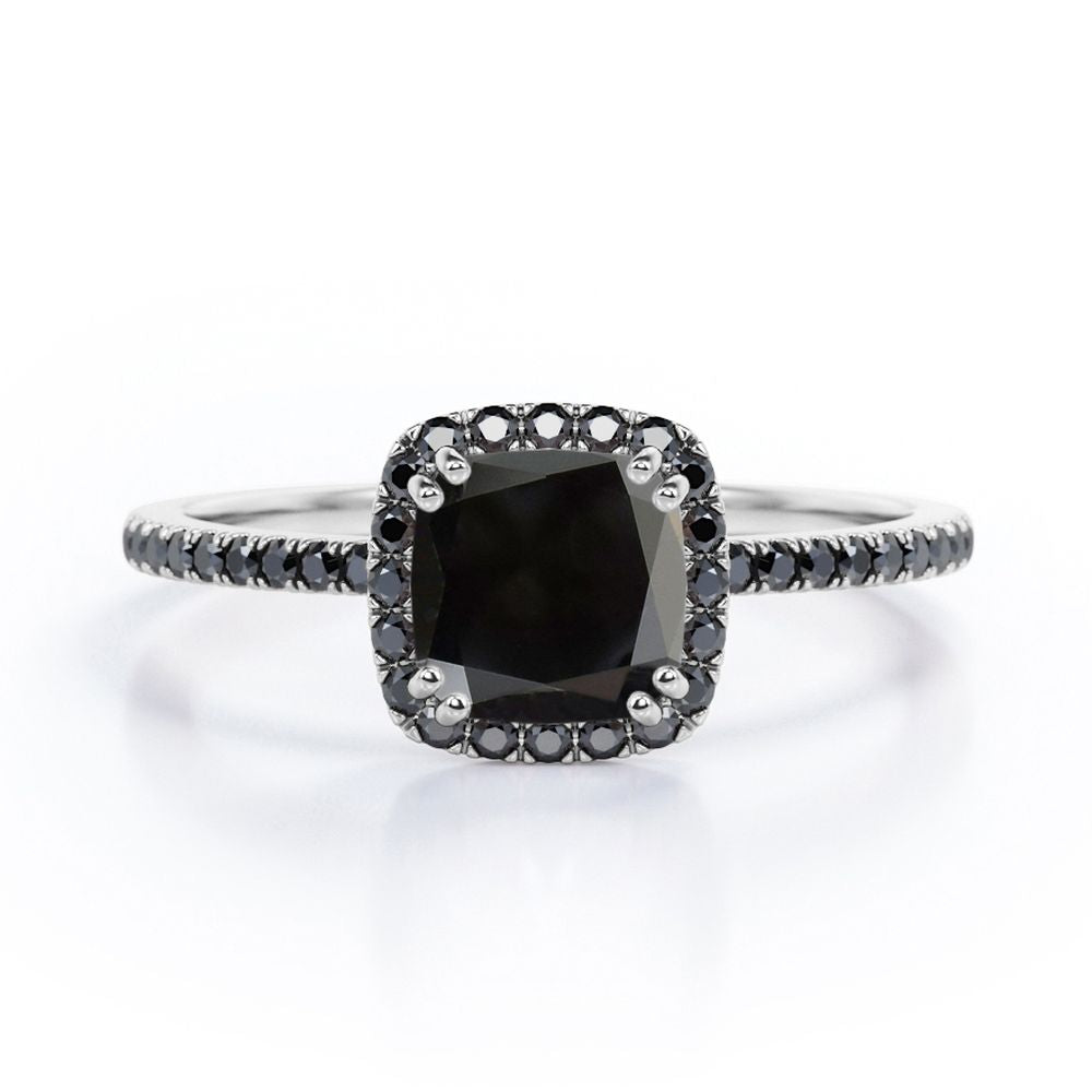 1.5 ct Cushion Lab Black Diamond Halo Engagement Ring